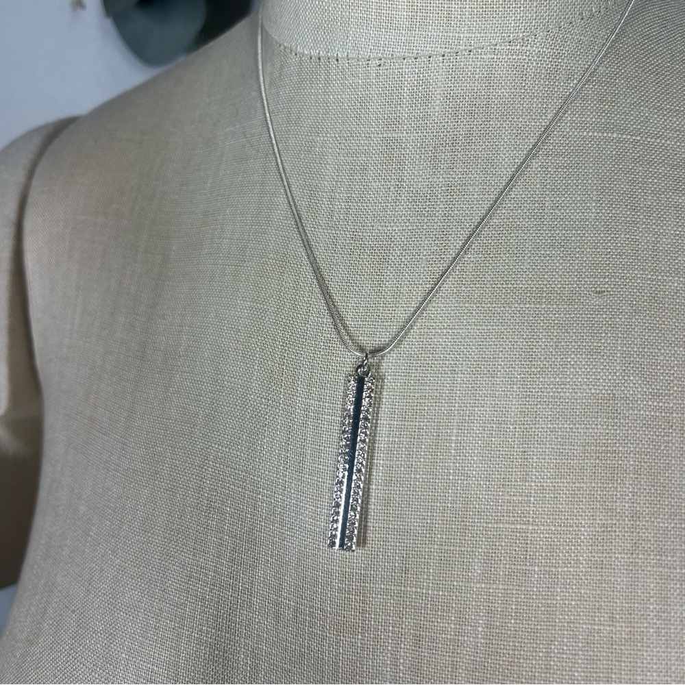 Nine West | Vertical Diamond Bar Silver Necklace Pendant Crystals - Picture 4 of 8
